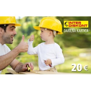Darilna kartica 20 eur v elegantni modri barvi z motivom darila in napisom "Najlepše je vedno z nami" na beli podlagi.
