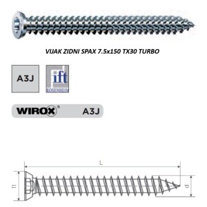 VIJAK ZIDNI SPAX 7.5x150 TX30 TURBO za neposredno vijačenje v beton in zidake brez zidnih vložkov.