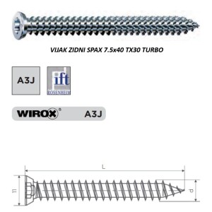 VIJAK ZIDNI SPAX 7.5x40 TX30 TURBO za neposredno vijačenje v beton in zidake brez zidnih vložkov.