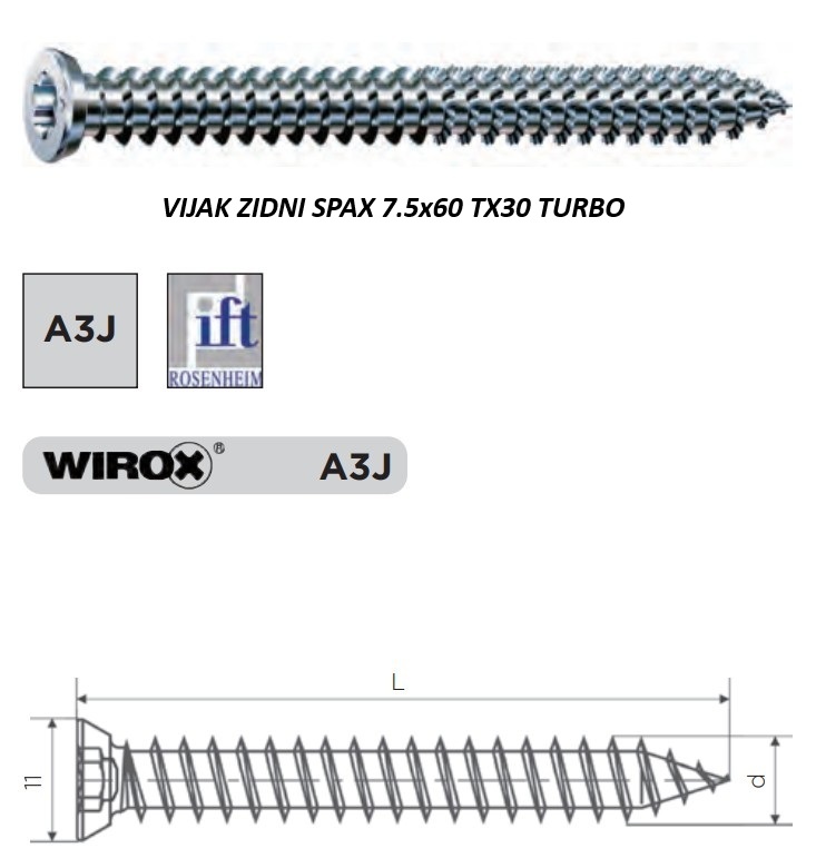 VIJAK ZIDNI SPAX 7.5x60 TX30 TURBO za neposredno vijačenje v beton in zidake brez zidnih vložkov.