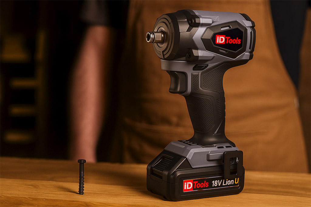 Udarni vijačnik ID Tools 18V z litij-ionsko baterijo, pripravljen na uporabo na leseni delovni mizi.