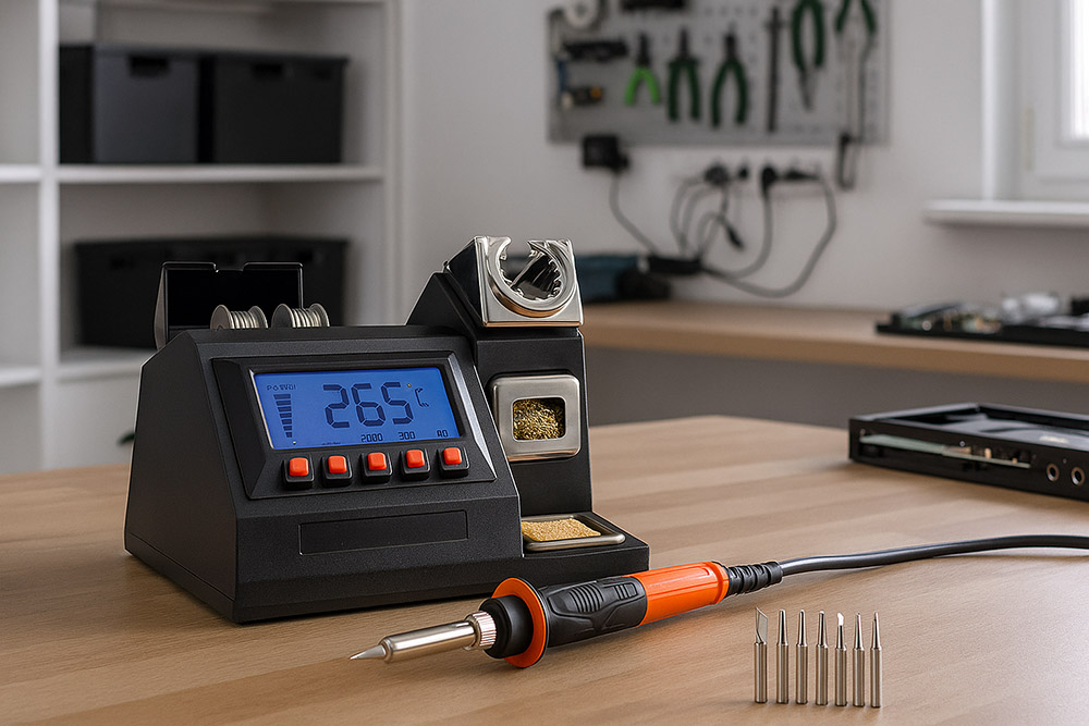 Digitalna postaja za spajkanje na delovni mizi v moderni delavnici, z nastavljeno temperaturo 265 °C in pripadajočimi nastavki za natančno spajkanje elektronskih komponent.