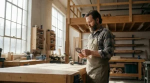 Mojster v delavnici pregleduje katera rezalna plošča za kotni brusilnik bi bila najbolj primerna.