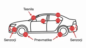Grafika prikazuje občutljive dele avtomobila: tesnila, pnevmatike in senzorje