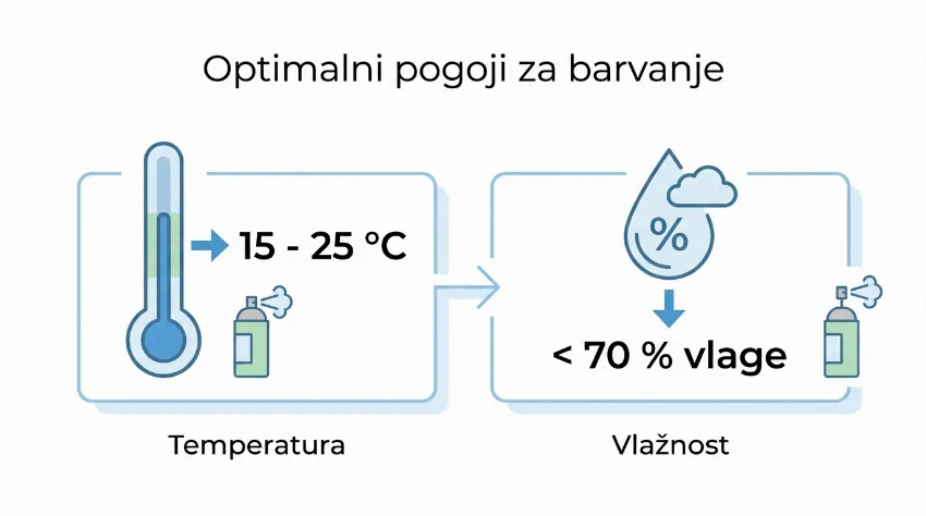 Infografika s prikazom optimalne temperature in zračne vlažnosti za barvanje s spreji.