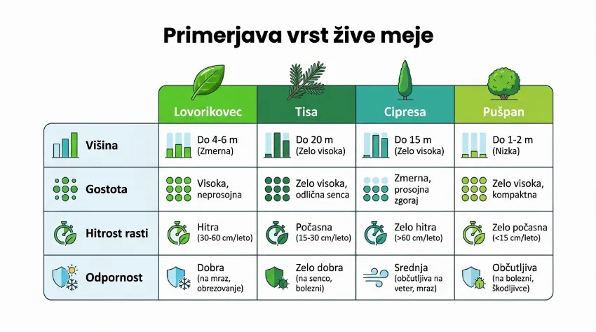 Infografika s primerjavo vrst žive meje glede na hitrost rasti in zahtevnost