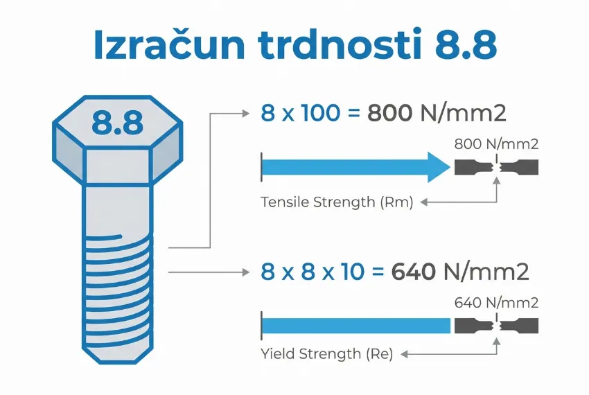 Infografika, ki prikazuje izračun natezne trdnosti in meje plastičnosti za oznako 8.8.