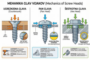 Infografika, ki prikazuje pritiske različnih oblik glav vijakov na material.