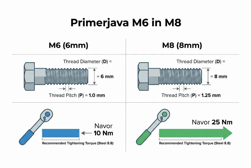 Infografika tabele s primerjavo tehničnih specifikacij za dimenziji M6 in M8.
