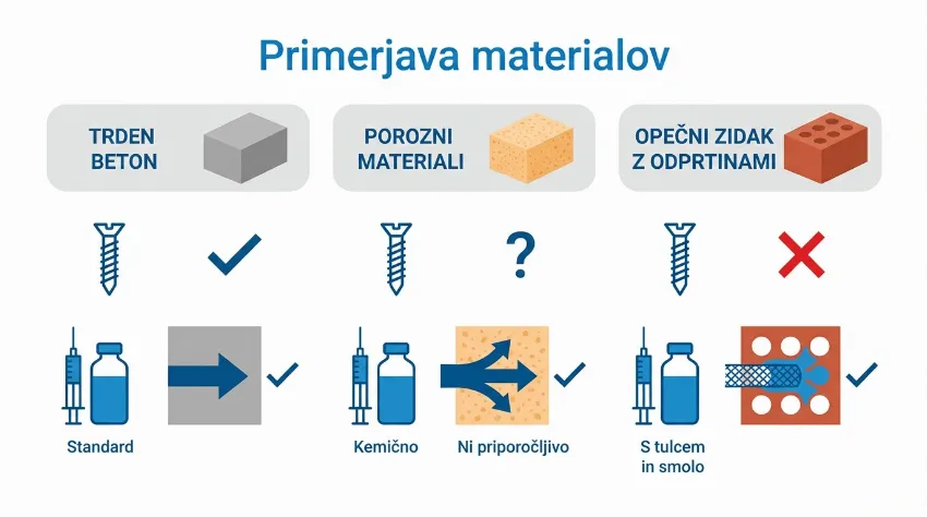 Infografika primerjave pritrdilnih mehanizmov v različnih materialih
