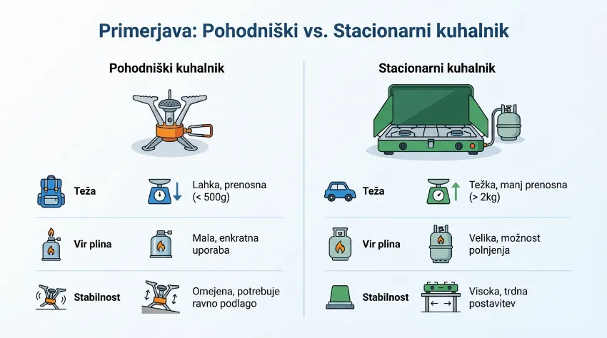 Infografika, ki primerja majhen pohodniški gorilnik in velik stacionarni plinski kuhalnik.