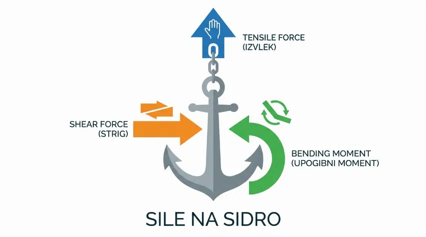Infografika smeri delovanja sil na sidro