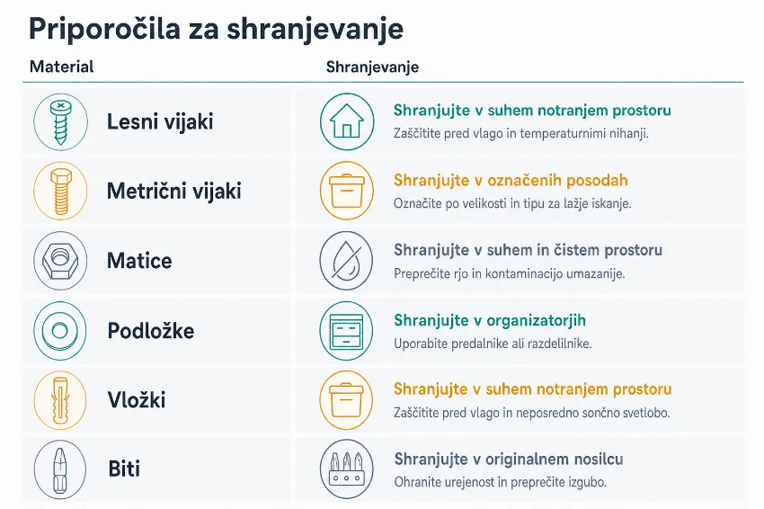 Infografika s priporočili za pravilno shranjevanje različnih vrst vijakov in matic.