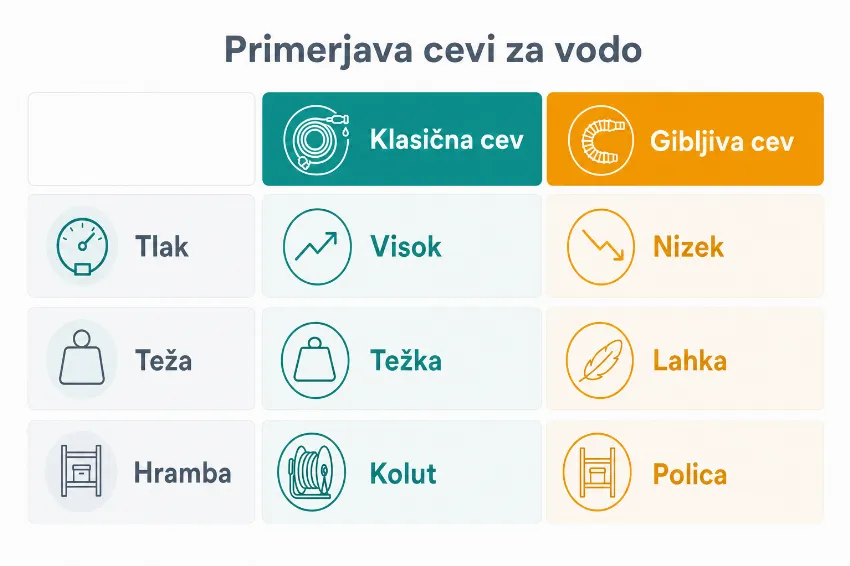 Tabela, ki primerja klasično in gibljivo cev glede na odpornost na tlak, težo in potreben prostor za hrambo.