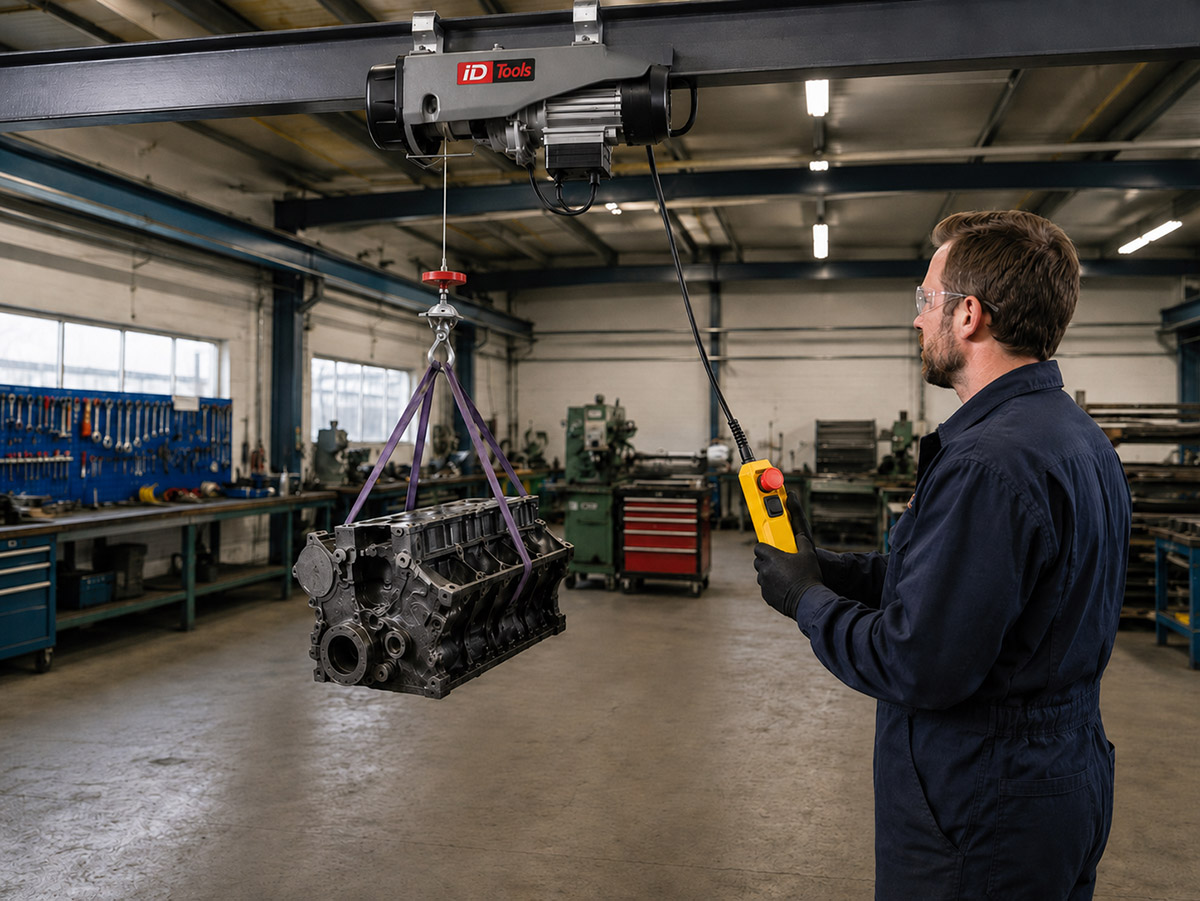 Srebrno-črno električno dvigalo za garažo znamke iD Tools na kovinskem nosilcu, s katerim moški v delovnih oblačilih s pomočjo vijoličnega traku dviguje motor avtomobila