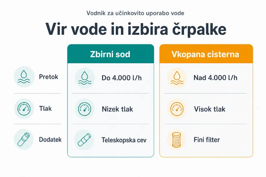 Infografika, ki primerja specifikacije črpalk za zbirni sod in vkopano cisterno.
