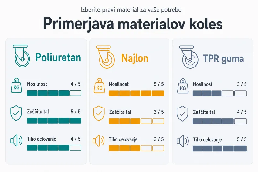Infografika s primerjavo materialov koles, kot so poliuretan, najlon in TPR guma, glede na nosilnost in zaščito tal.