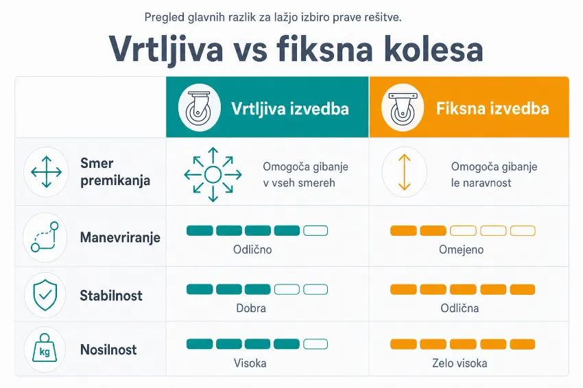 Infografika, ki primerja smer premikanja, manevriranje, stabilnost in nosilnost vrtljivih in fiksnih koles.