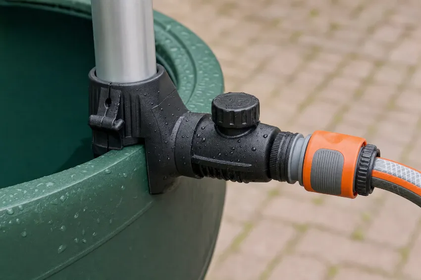 Od blizu prikazan ventil teleskopske cevi črpalke, obešene na rob soda.