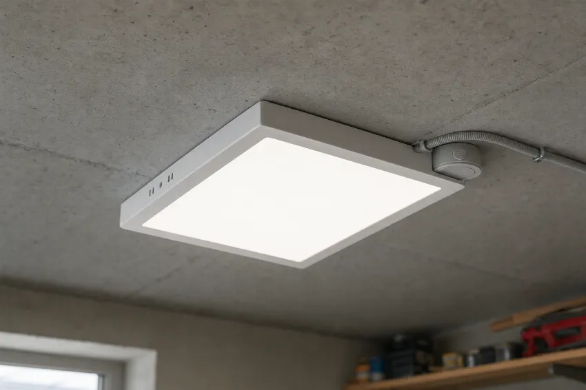 Nadgradni LED panel na betonskem stropu delavnice
