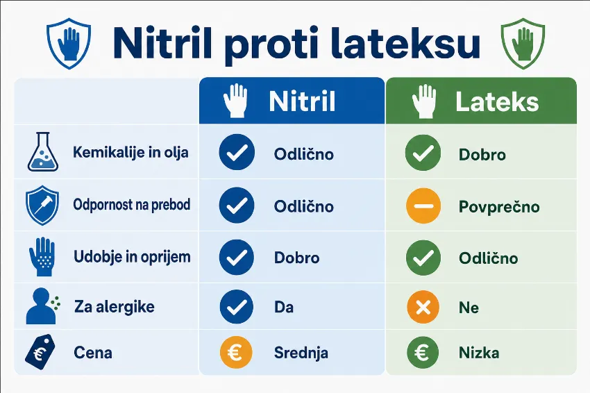 Primerjalna infografika nitrilnih in lateks delovnih rokavic