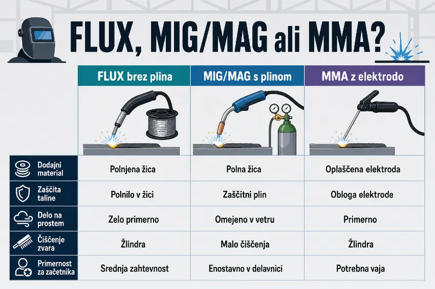 Primerjava FLUX, MIG/MAG in MMA varjenja